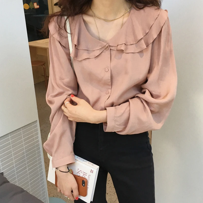 

Womens Spring Summer Cotton Sweet Blouses Laides Tops Peter Pan Collar with Buttons Black Shirt Loose Camiseta Mujer Blusas