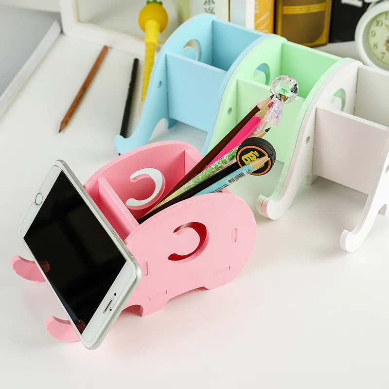 

1PC Wooden Plastic Cute Elephant Phone Rack Multifunction Mobile Tray Desk Organizer Dual Use Pen Holder Office Stationery