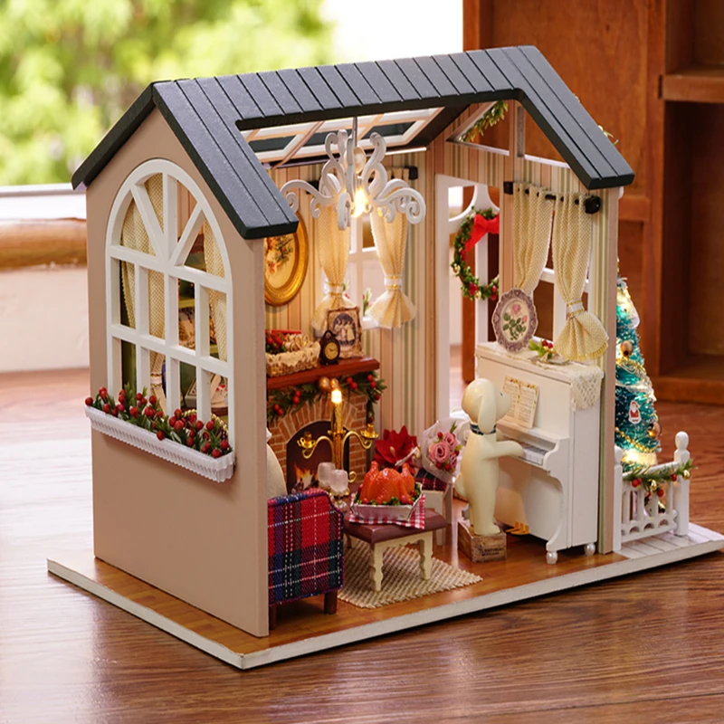 1:32 DIY 3D Holz Miniatur Puppenhaus mit Möbel Gebäude Modernes Wohnzimmer 