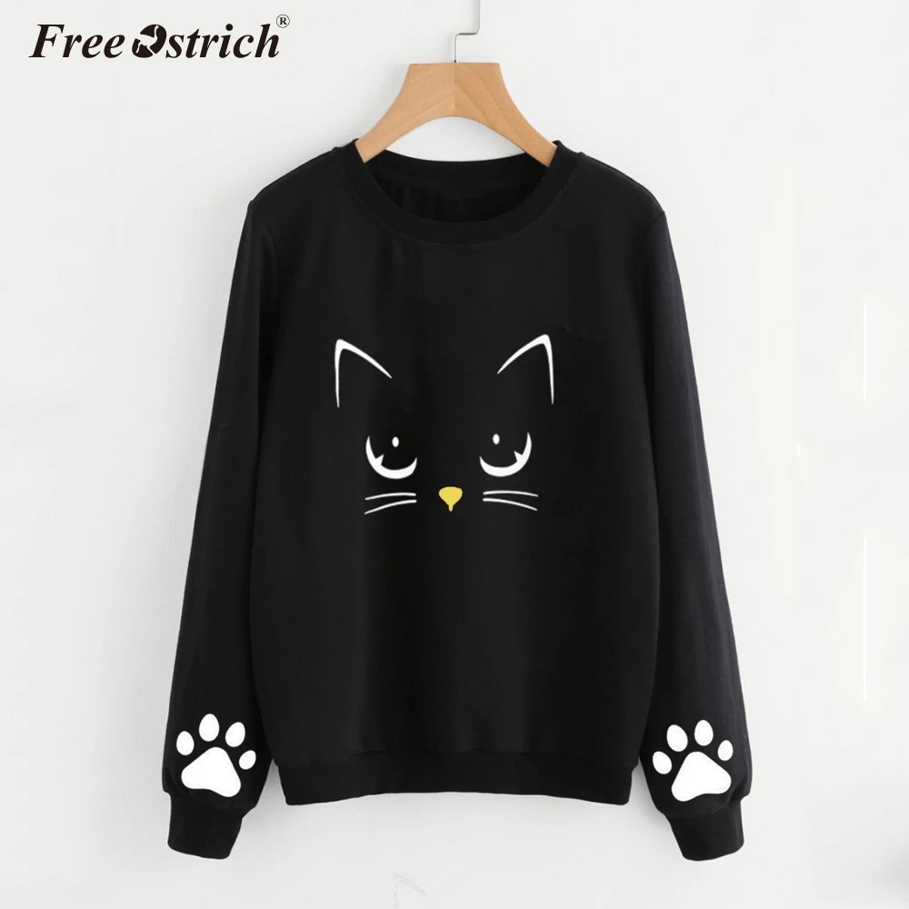  Free Ostrich Autumn Casual Harajuku Kawaii Black Cat Sweatshirts Women Long Sleeve Tops Pullover Fu