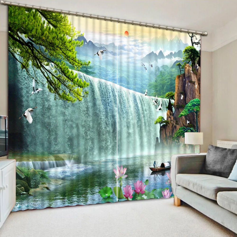 

Bridge 3D Blackout Window Curtains For Kids Bedding Room Living Room Hotel 3D Curtain Waterfall scenery lotus Drapes Cortinas