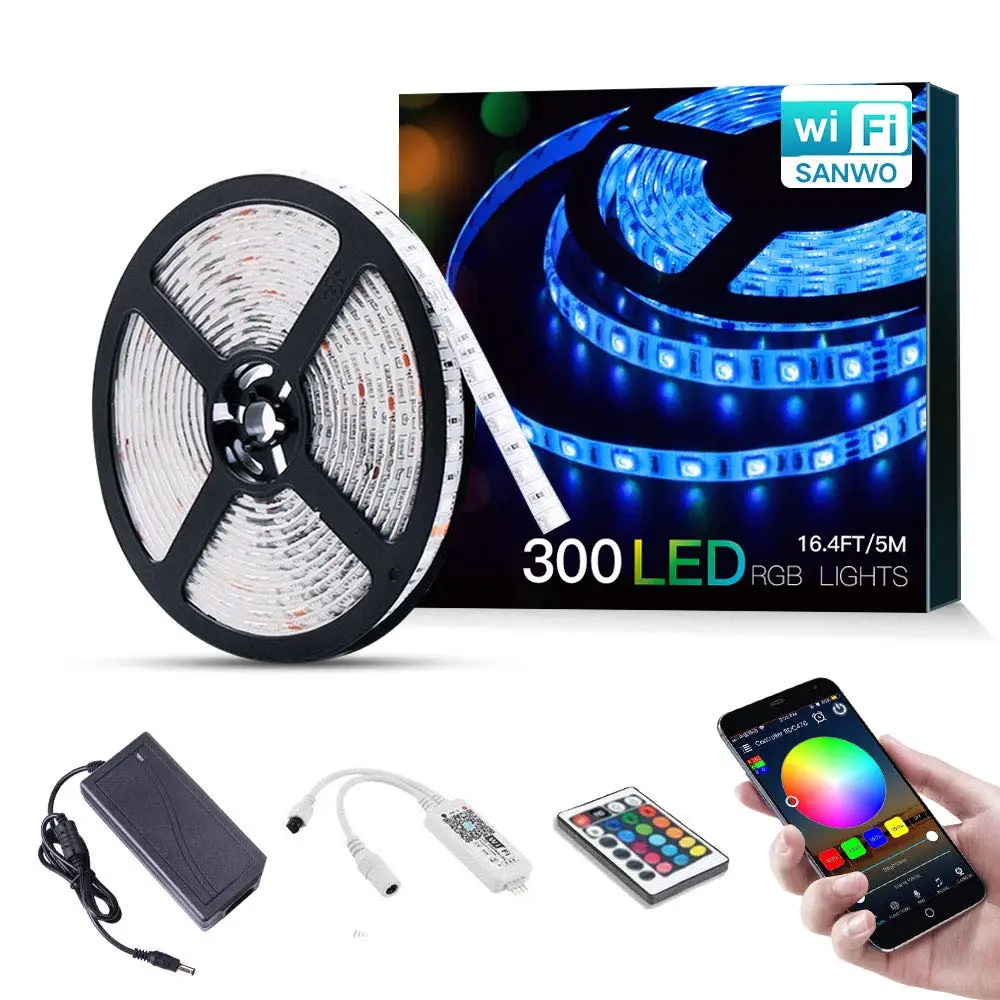 WiFi LED Lights Strip Kit Wireless Remote Controller 12V Power Adapter 16.4ft 300LEDS 5050 RGB Waterproof IP65 ST184 | Лампы и