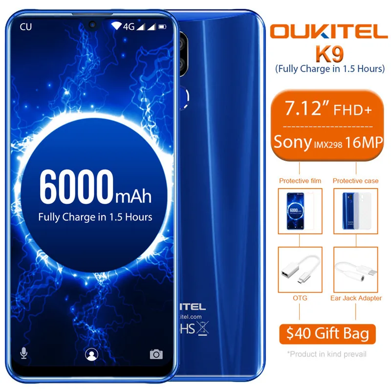 Смартфон OUKITEL K9 4GB 64GB 7,1" FHD+ Капля воды 6000mah 16MP+ 2MP/8MP Face ID 6000mAh 5 V/6A Быстрая зарядка OTG Мобильный телефон - Цвет: Blue