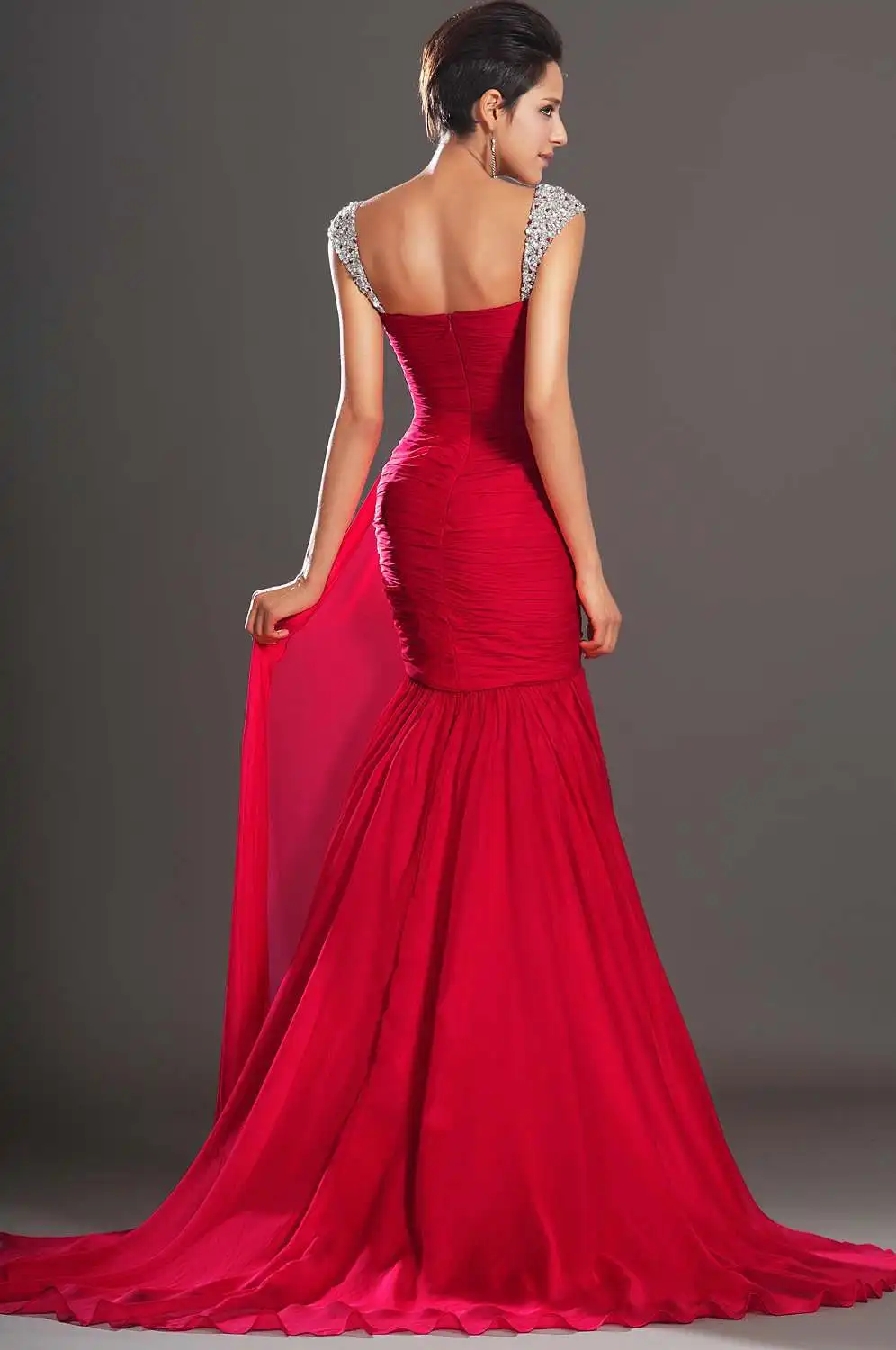 Красные вечерние платья Русалка с рукавами крылышками шифон бисером без спинки размера плюс длинное вечернее платье Выпускные платья Robe De Soiree