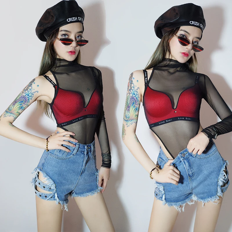Jazz Dance Costumes Sexy Mesh Perspective Bodysuit Hiphop Clothing Adult Nightclub Dj Modern Dancin