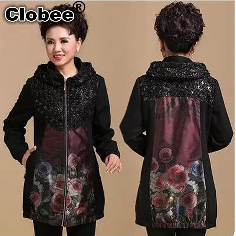 

Clobee Big Size XL XXL XXXL xxxxl (bust 120cm) Middle-aged and old warm hooded Cardigan coat plus size women's clothing