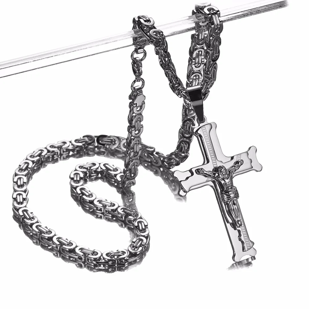 Серебряные ожерелья с крестом Иисуса для мужчин и женщин, ожерелье из нержавеющей стали с 6 мм византийской цепочкой, христианское распятие, ювелирные изделия