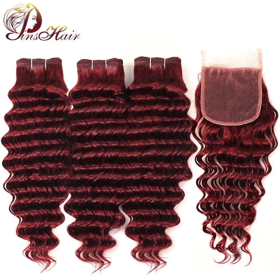 

Pinshair 99J Burgundy Bundles With Closure Red Deep Wave Malaysian Human Hair Weave 3 Bundles With Closure Non Remy No Tangle