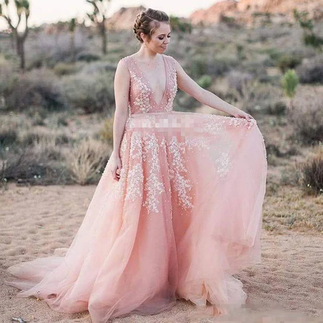 Buy Elegant Pearl Blush Pink Wedding Dress V Neck Long
