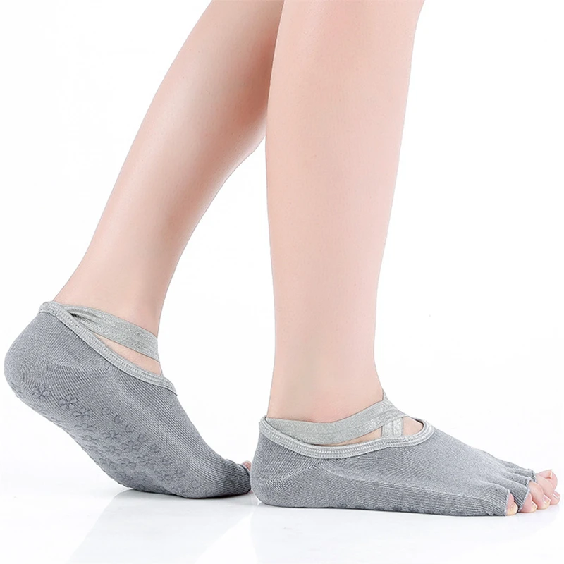 1 Pair Women Anti Slip Sports Yoga Socks with Grips Five Finger Toeless X Bandage Slippers Sock for Gym Fitness Pilates Ballet