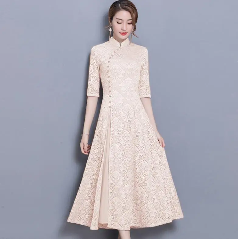 new vintage Lace Long dress women Summer Chinese Style A-Line dress Solid color Half sleeve Ankle-Length dress women - Цвет: 8