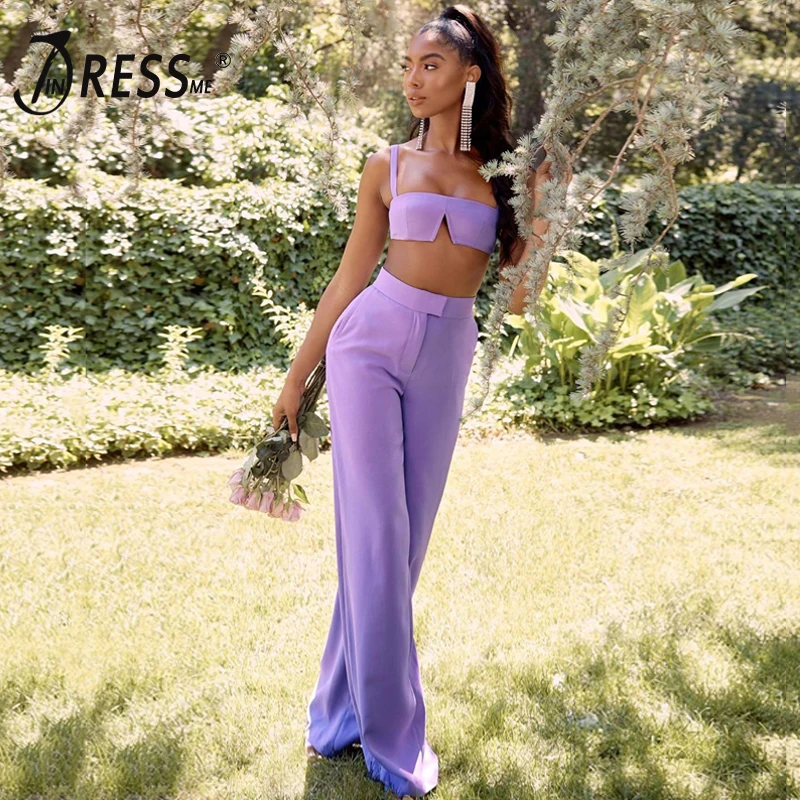

INDRESSME 2019 New Wonmen Sexy Fashion 2 Two Pieces Sets Strap Sleeveless Short Top Long Full Length Party Causl Pants Suits Hot