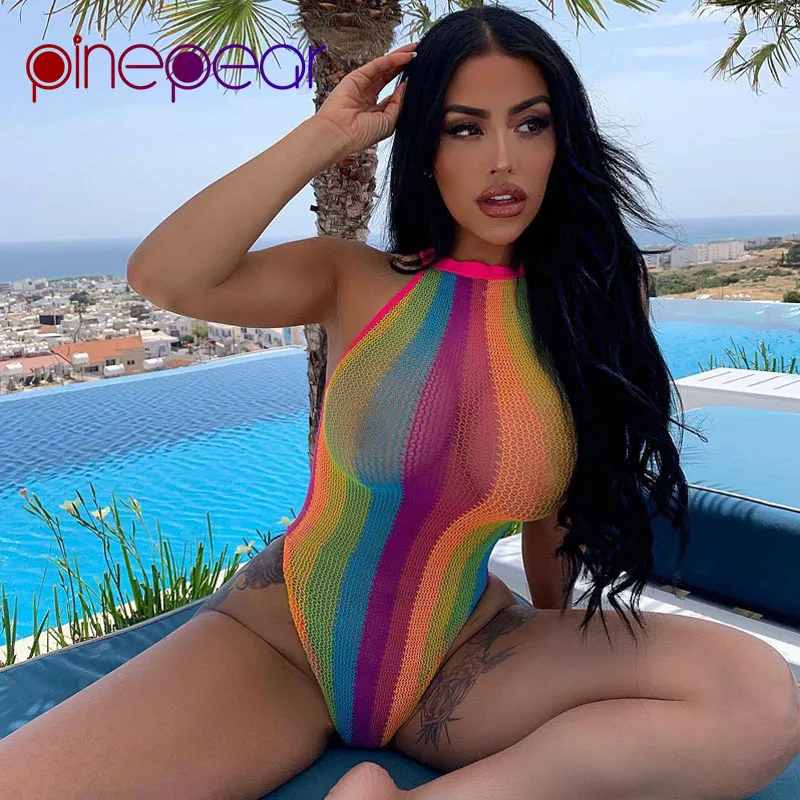 

PinePear Colourful Fishnet Striped See Through Sleeveless Bodysuit Swimsuit 2019 Women Swim Swimwear Beachwear Drop Shipping