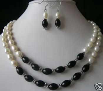 

Real White Pearl Black Onyx Necklace Earrings