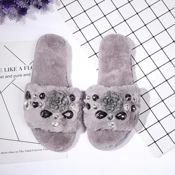 

Winter Women Home Slippers Faux Fur Shoes Woman Anti-slip Flats Female Fur Flip Flops Comfortable Soft Slippers with Crystal
