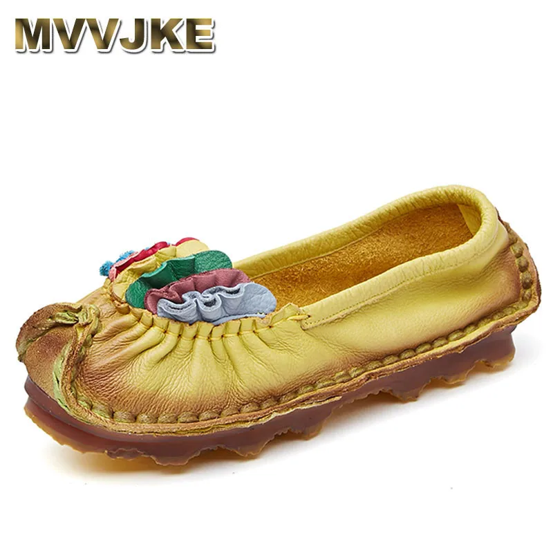 

MVVJKE Retro Pure Handmade Shoes Women Genuine Leather Flats Fashion Casual Soft Mother Loafers Moccasins Female Driving Shoe