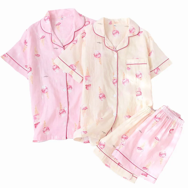 

Spring And Summer Ladies Pajamas Set Cartoon Ice-Cream Printed Short Sleeve+Shorts 100% Gauze Cotton Sleepwear Comfort Homewear
