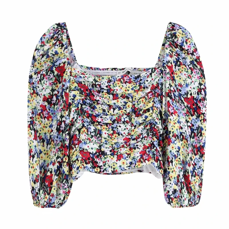 

2019 autumn women floral print casual elastic blouses ladies square collar pleated smock shirts sweet chic chemise tops LS3938