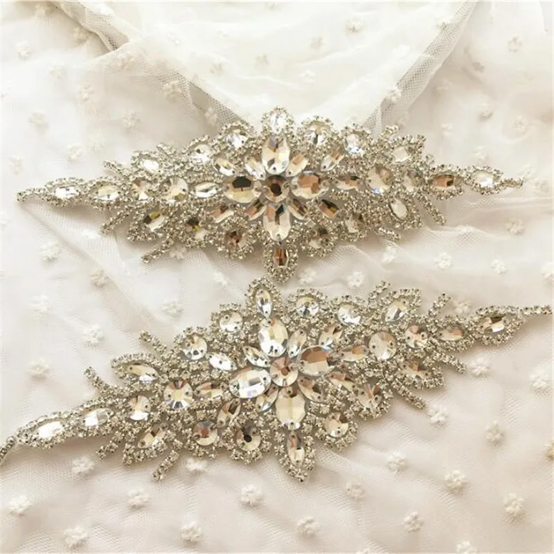 

3Pc Clear Charming Crystal Rhinestone Applique Trim Iron On Bridal Costume Wedding dress waist decoration with Glue RT0082