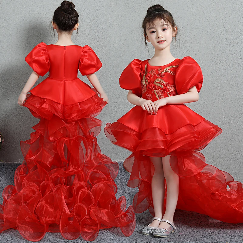 

Kids Tulle Train Princess Children Flower Girl Long Gowns Baby Girls Tutu Dresses Size 3 To 12-year-old Girl's Wedding Dress