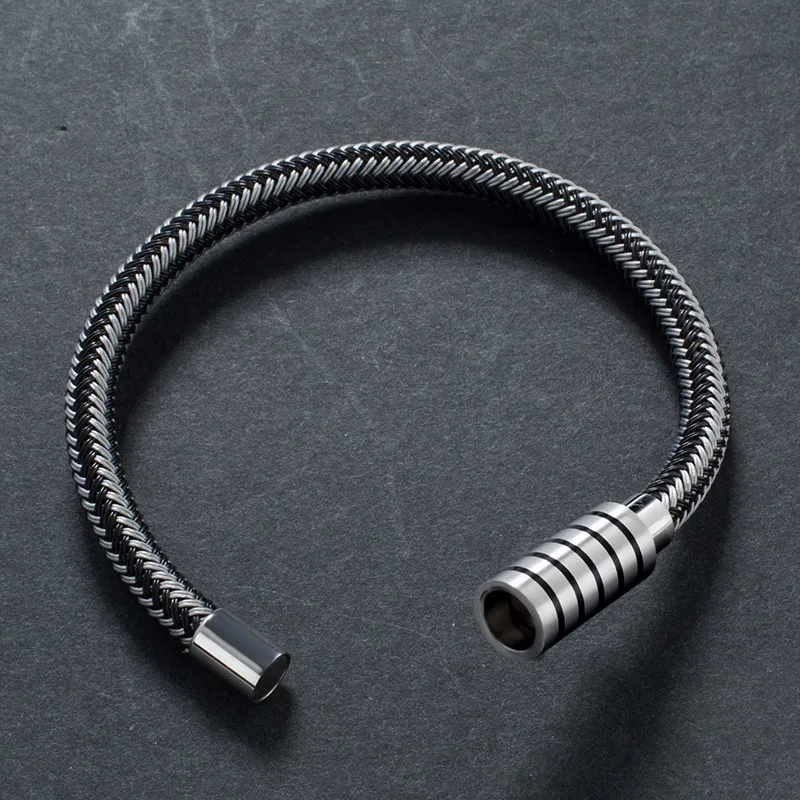 Модные мужские ювелирные изделия черного и серебристого цвета металлический Плетеный веревочный браслет из нержавеющей стали с магнитной пряжкой мужской браслет на запястье подарки PH527