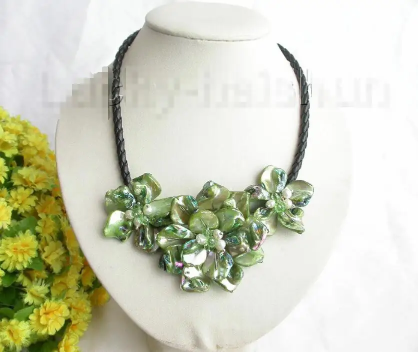 

Hot sale new Style >>>>>handcraft bloom green seashell pearls choker leather necklace GIFT j7772