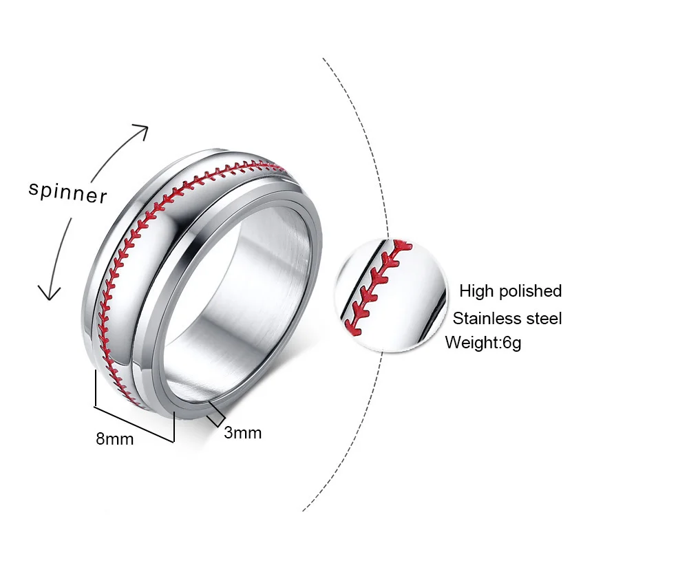 Мужская Серебряная бейсбольная вертушка, спиннинговое кольцо с красной строчкой из нержавеющей стали для спорта и софтбола, Купольные кольца, комфортная посадка 8 мм