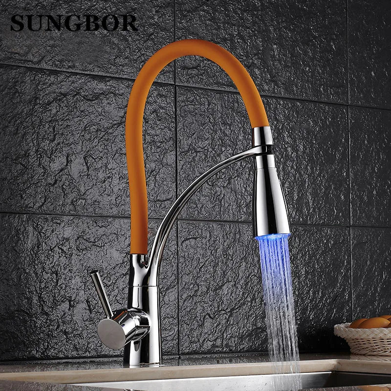Free shipping Hot Three Colors choose Luxury Chrome Brass Finished LED Modern Faucet Pull out kitchen