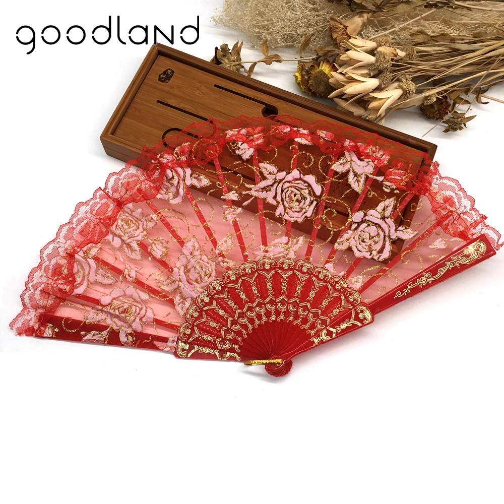 Free Shipping 10pcs Luxury Rose Pattern Glitter Floral Lace Hand Fan Party Dance Folding Kraft Gifts | Дом и сад