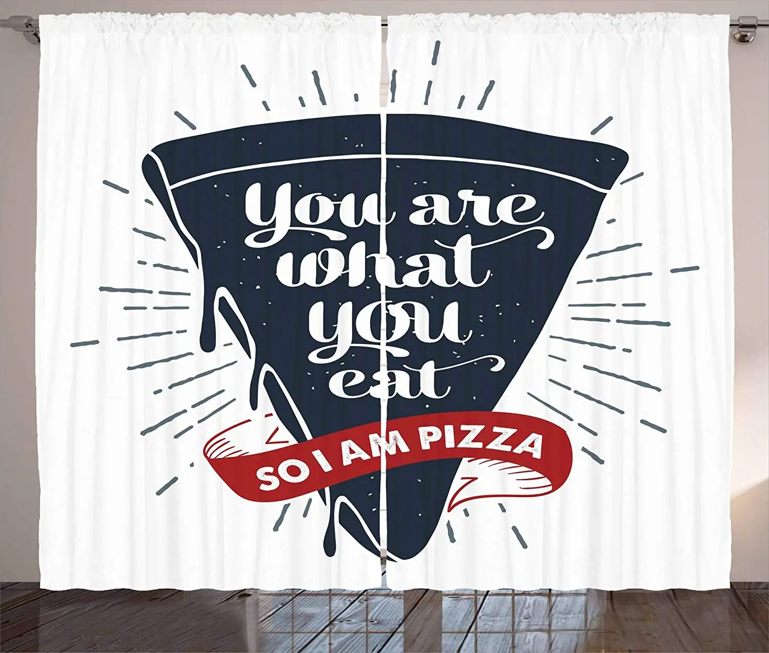 

Funny Words Curtains Grunge Pizza Slice with Retro Effect Humor Phrase About Fast Food Living Room Bedroom Window Decor Panel