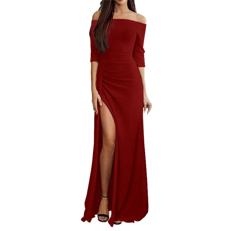 Solid Maxi Dress Off Shoulder Sexy Dress Half Sleeve Party Dress Casual Plus Size Dress Sweet Vestidos De Festa 40NE1623