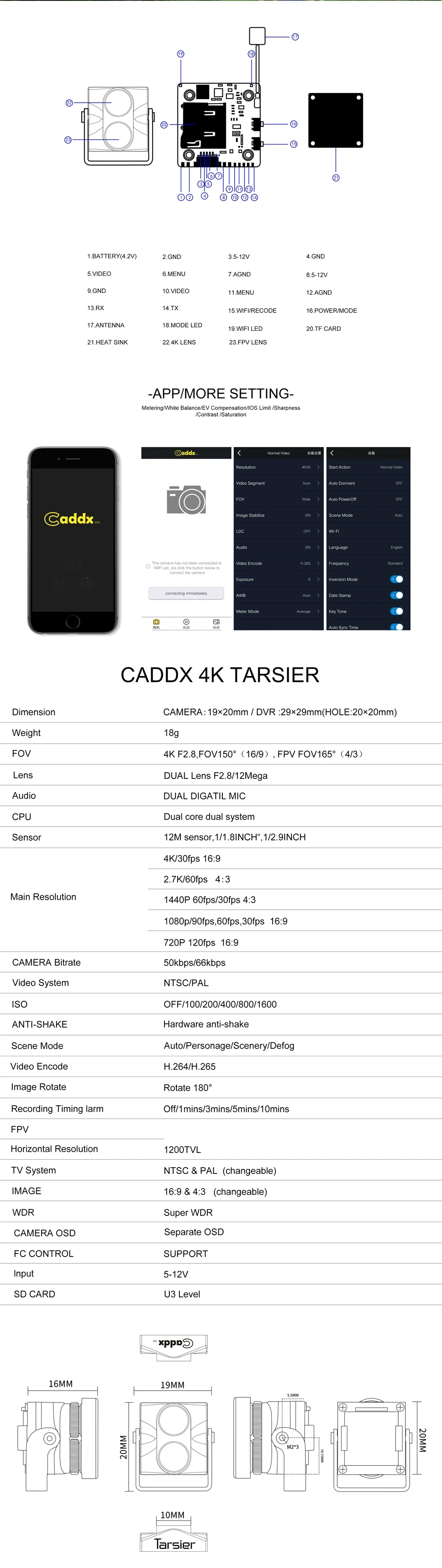 Caddx Tarsier 4 к 30fps 1200TVL двойной объектив Супер WDR WiFi Мини FPV камера HD Запись DVR двойной аудио OSD для RC беспилотный самолет