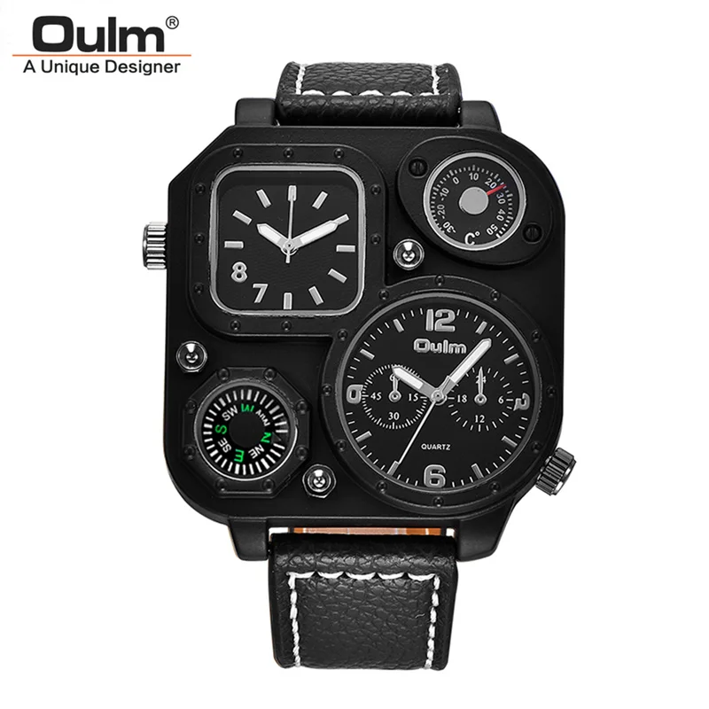 Oulm 1169 Square Men's Watches Two Time Zone Watch Outdoor Sports Men Decorative Compass Unique Male Wristwatch Hours