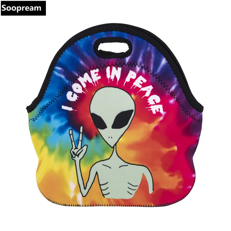 

free shipping peace alien Thermal Insulated Neoprene Lunch Bag for Women Kids Lunchbags With Zipper Cooler Insulation Lunch Box
