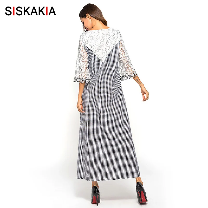 Siskakia, длинное платье макси, клетчатое, лоскутное, кружевное, дизайнерское, тонкое, свободное платье, повседневное, с вырезами, с расклешенными рукавами, для женщин, платья, Израиль, серый