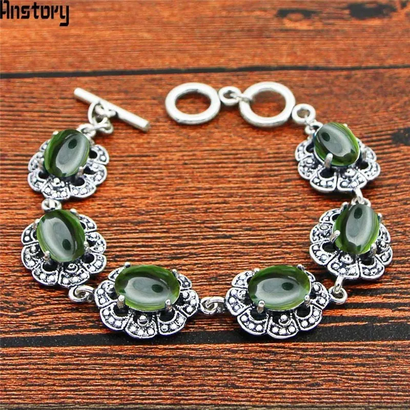 

Oval Transparent Green Crystal Bracelet Flower Design Vintage Look Antique Silver Plated Fashion Jewelry TB344