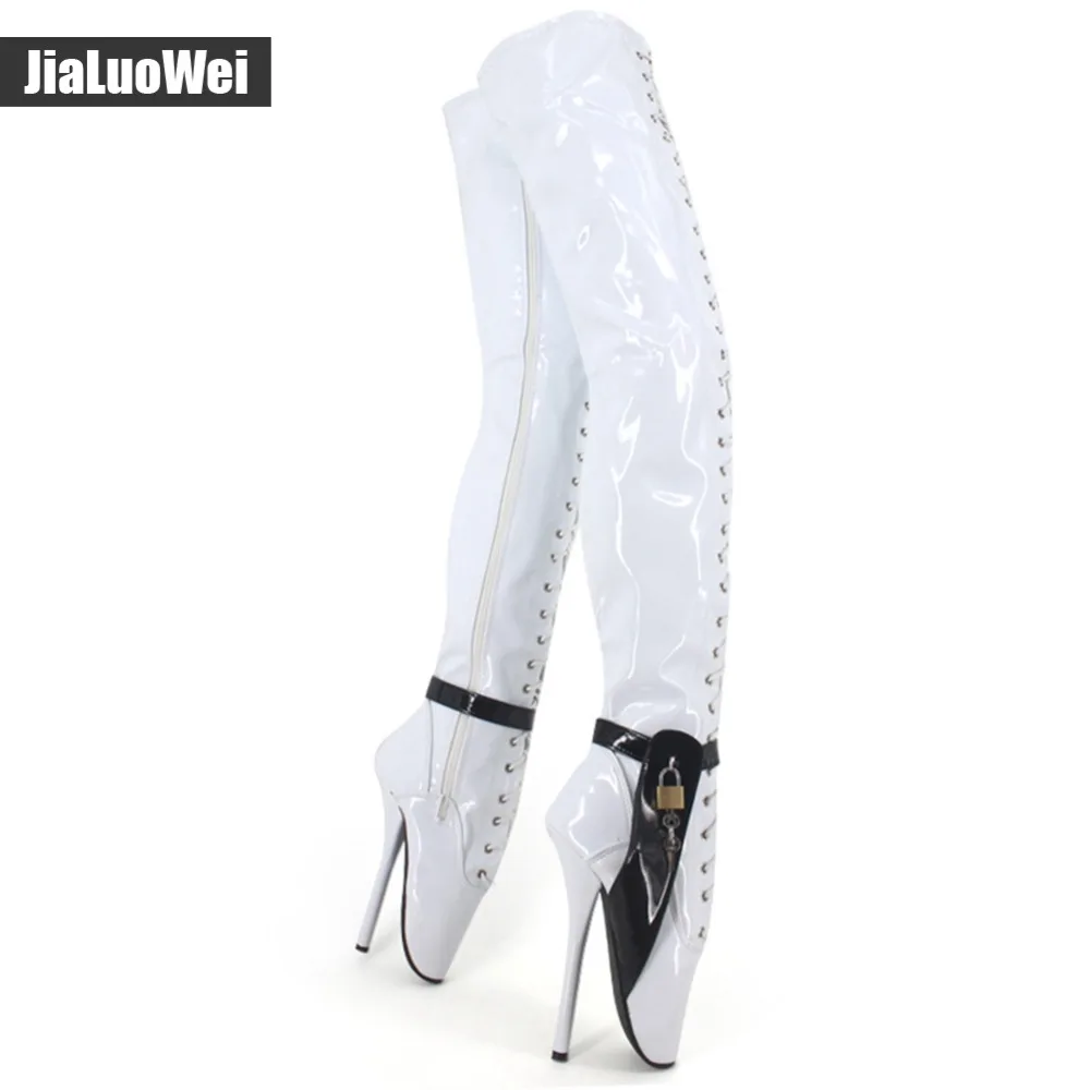 Jialuowei/черные ботфорты выше колена на высоком каблуке 18 см/7 дюймов, балетные сапоги до бедра пикантная обувь на тонком каблуке с замочком