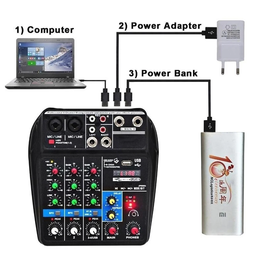 TU04 BT микшерный пульт записи 48 В Phantom power Monitor AUX Paths Plus Effects 4 канала аудио микшер с USB