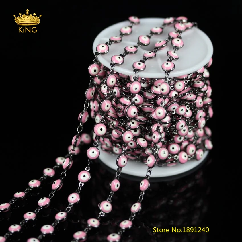 5meters,Wire Wrapped Pink Evil Eye Lampwork Beads Coin Shape Chains