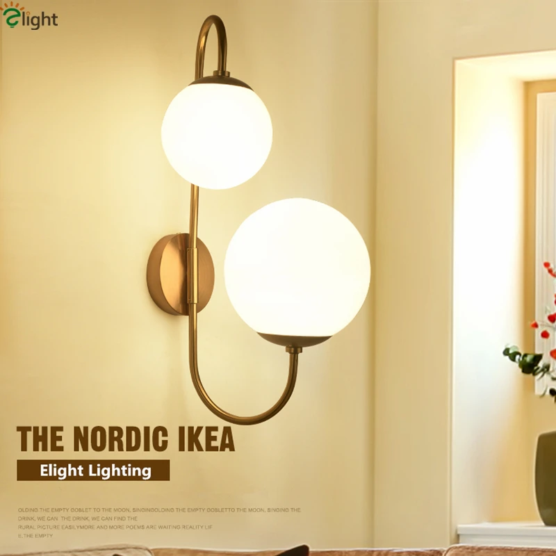 

American 2 Light Shaped Rotatable Bedroom Led Wall Lamp Plate Metal Lustre Brush Brass Frosted Glass Ball Wall Lamp