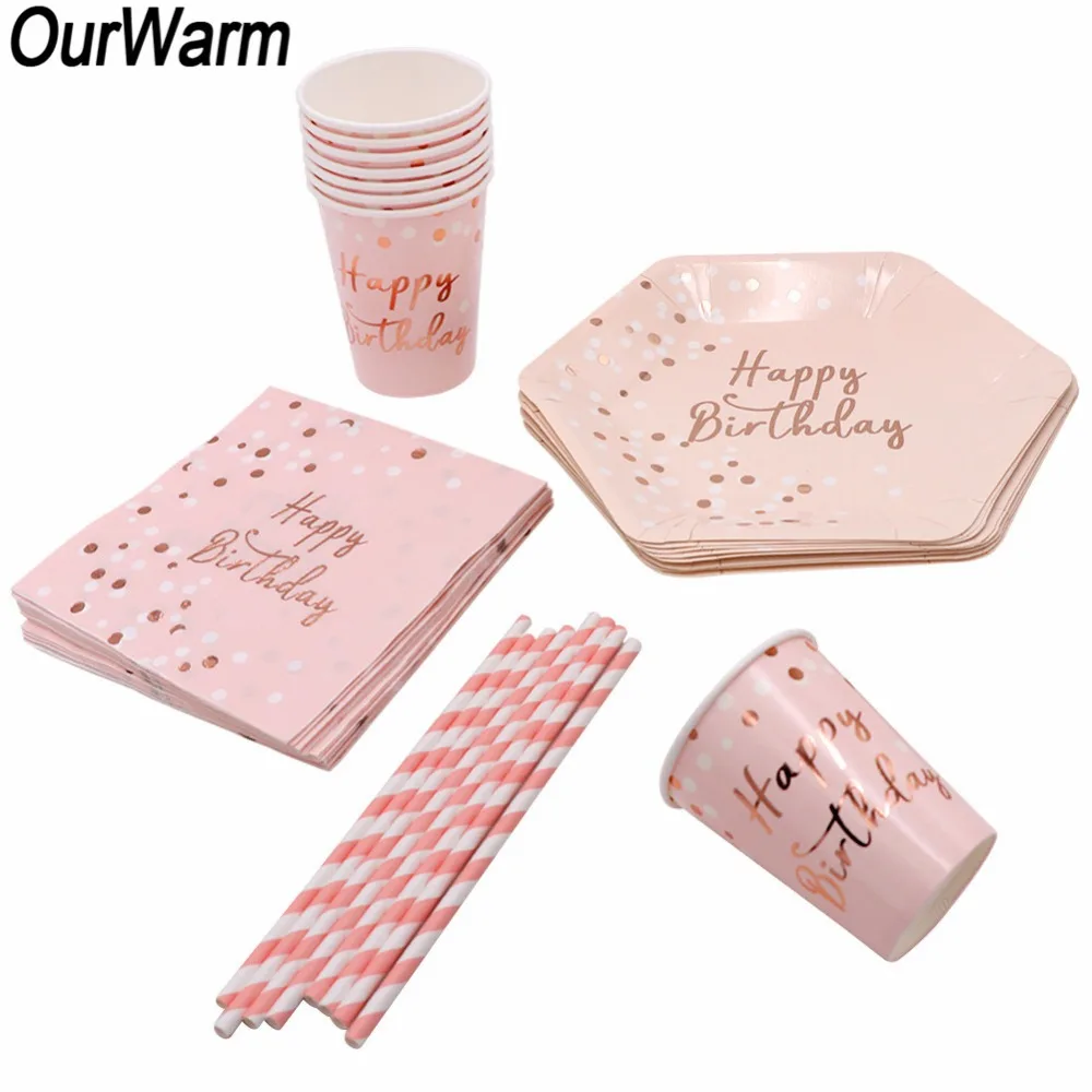 OurWarm Birthday Pink Disposable Party Tableware Set Paper Disposable