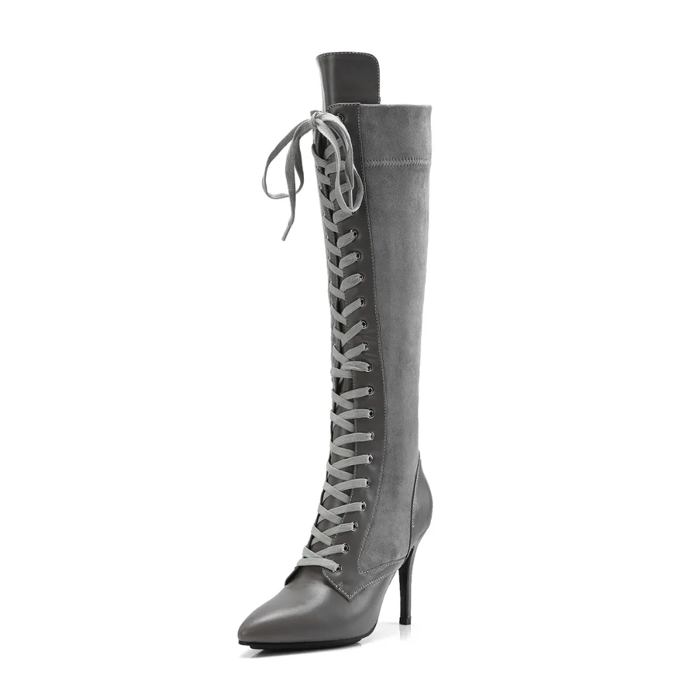 10 Arden Altas Otoño Rodilla Altos Black Grande Gris Tacones Genuino Cm Atada Tamaño Botas 2018 Furtado Primavera gris Señoras De Cuero Cruz SYvrqPYWF