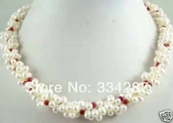 

Elegant white cultured pearl & red coral necklace