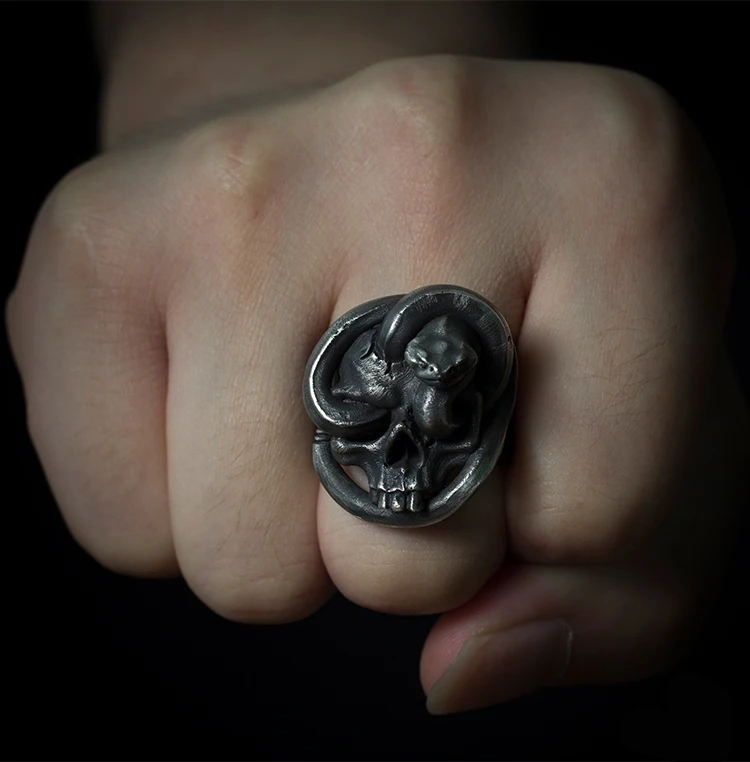 

Original Design Handmade 925 Silver Enamel Ring Personality Skull Ring Dark Punk Snake Ring