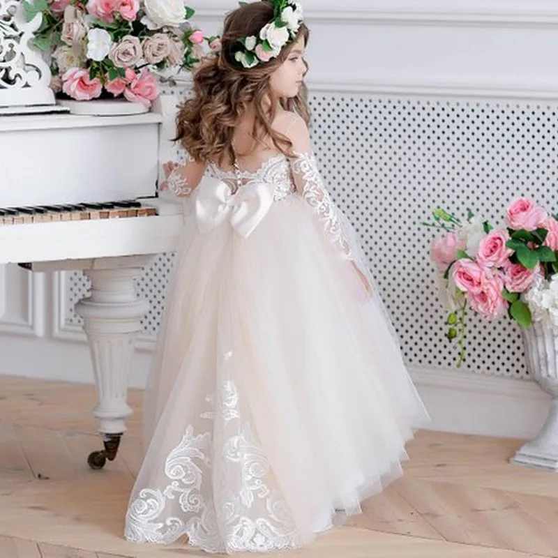 07 Champagne Flower Girl Dress Ivory Tulle Toddler Lace Appliques Girls Birthday Christmas Wedding Party Dress Baby Girl Special Occasion Dress Girls First Communion Dressss for Girls, Teenagers Kids Party Gowns (1)
