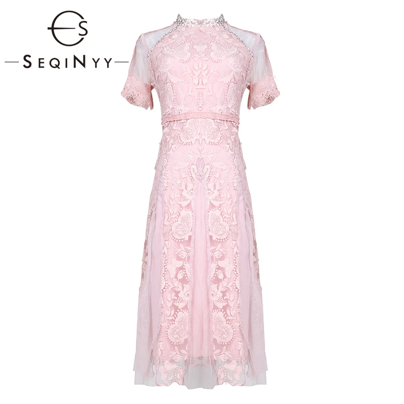 

SEQINYY Sweet Dress 2019 Summer New Fashion Design High Quality Crystal Embroidery Flower Mesh Slim A-line Pink Lace Dress Women