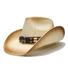 LUCKYLIANJI Ретро Женская Мужская Летняя Соломенная пляжная с широкими полями Ковбой Западный Женская Ковбойская шляпа звезда знак с бусинами кожаный ремешок(58 см