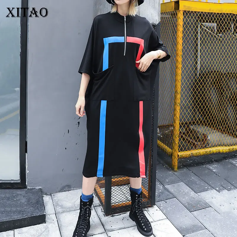 

[XITAO] 2019 Summer Korea Fashion New Women Stand Collar Short Sleeve Loose Dress Female Patchwork Mid-calf Dress DLL3258