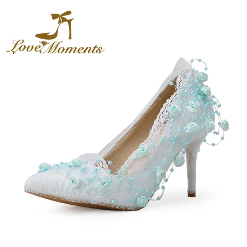 

Love Moments Shoes woman blue/ White/ivory/pink sweet Flowers Lace wedding shoes pointed-toe bridal High Heels Women Pumps