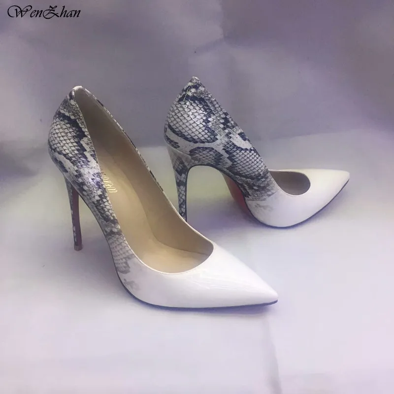 

Women High Heel Shoes Ladies Sexy Fashion Party Pumps Thin Shoes Female Bridal White Mixed Snake Leather Shoes WENZHAN A810-22
